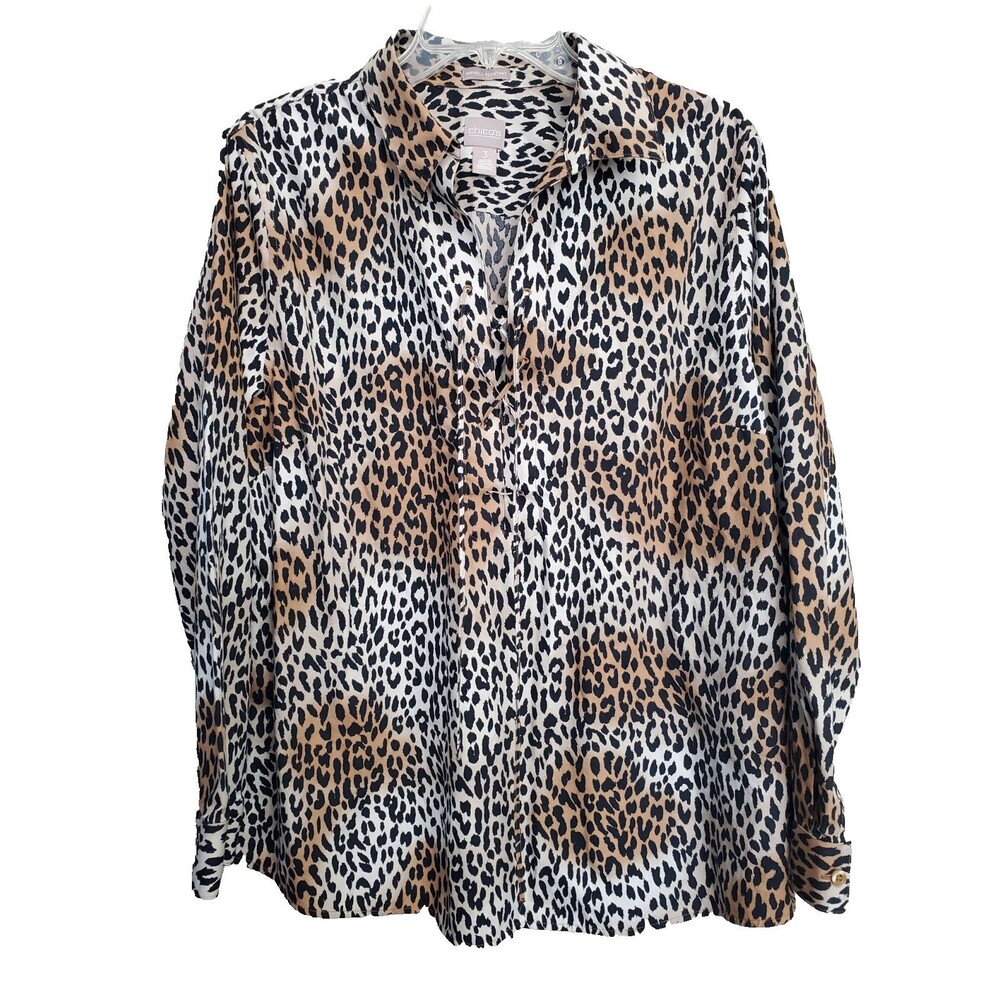 Chico's Wrinkle Resistant Animal Print Lace-Up Neckline Long Sleeve Tunic 3 (XL)